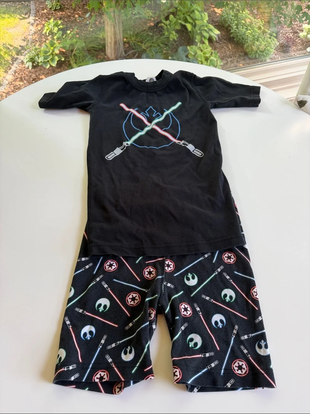 Hanna Andersson Black Pajama Set with Red, Green & Blue Lightsaber Graphics